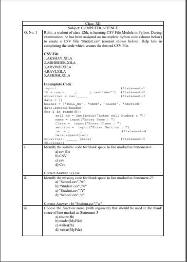 Class XII Board Exam Computer Science Question Bank 2021 CBSE DCSD IN