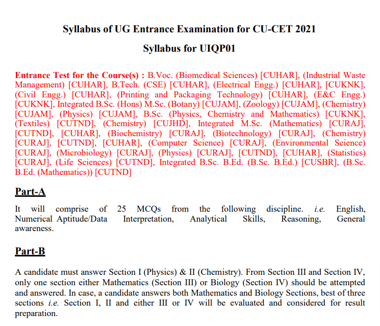 CUCET Exam Syllabus of 2022 PDF DCSD.IN