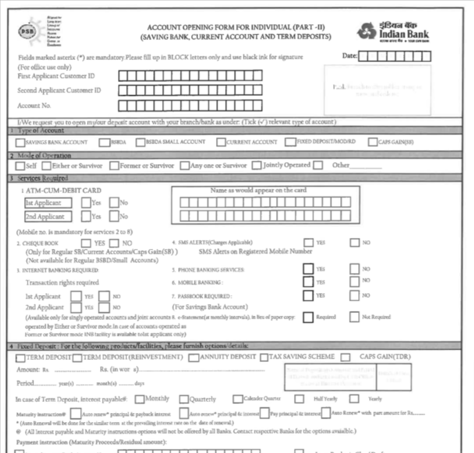 Saving Account Opening Form For Indian Bank AFD CSD Price List