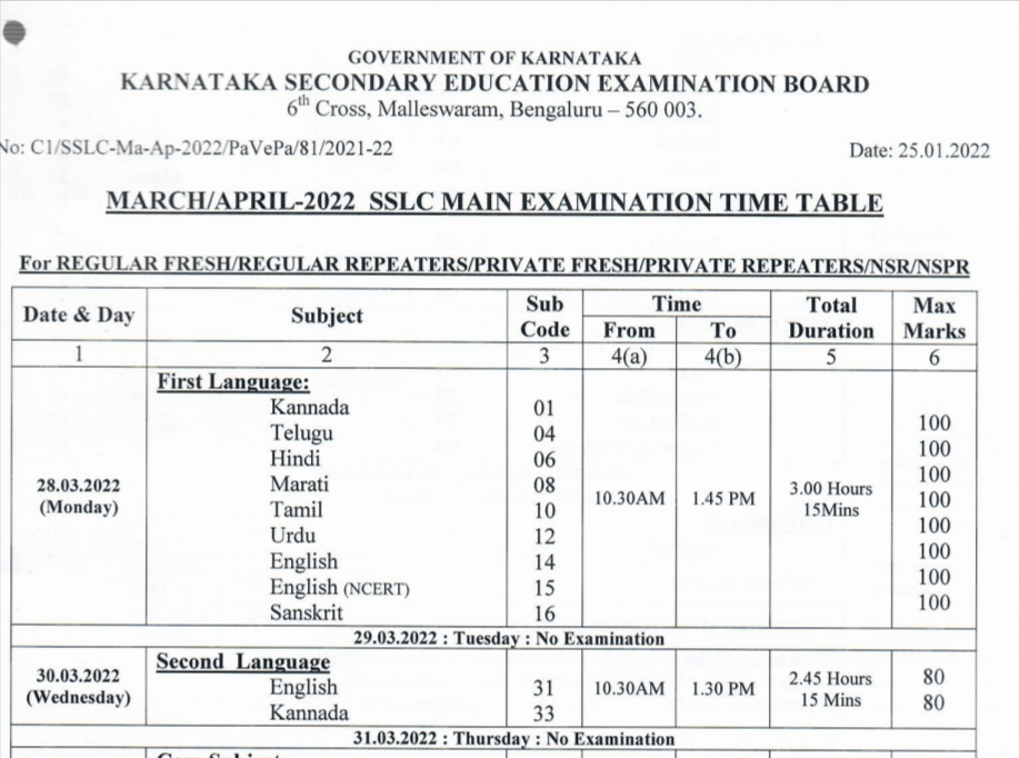 Karnataka SSLC 10th Board Exam Timetable of 2022 PDF DCSD.IN