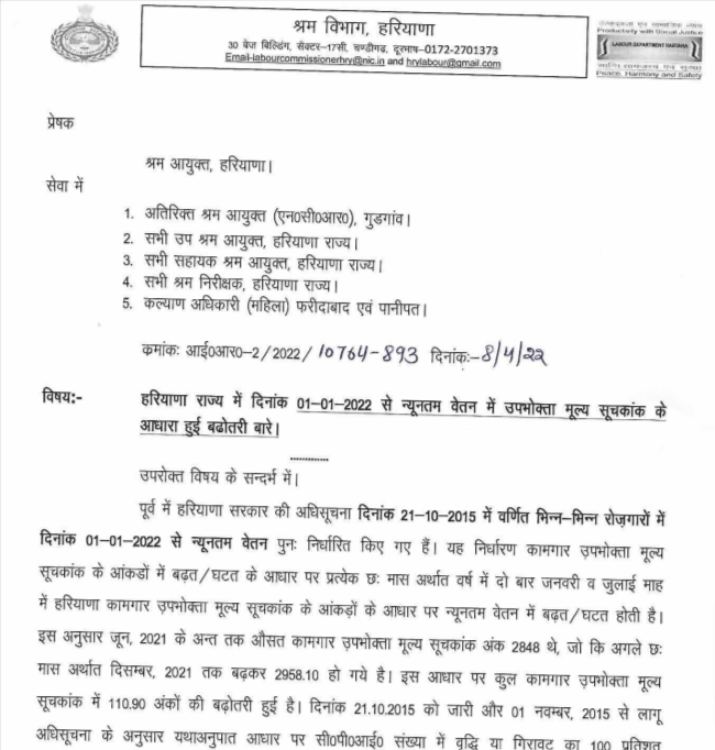 Minimum Wages Notification for Haryana 2022 in Hindi PDF