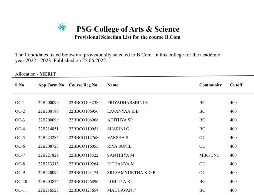 PSG College Arts & Science B.com Selection List for 2022-23 PDF