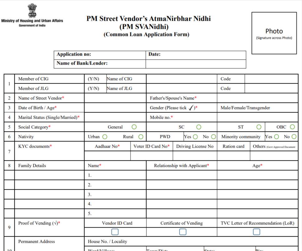 Pradhan Mantri Svanidhi Yojana Scheme Application Form PDF