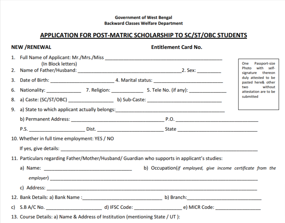 WB Post-Matric Scholarship Application Form PDF 